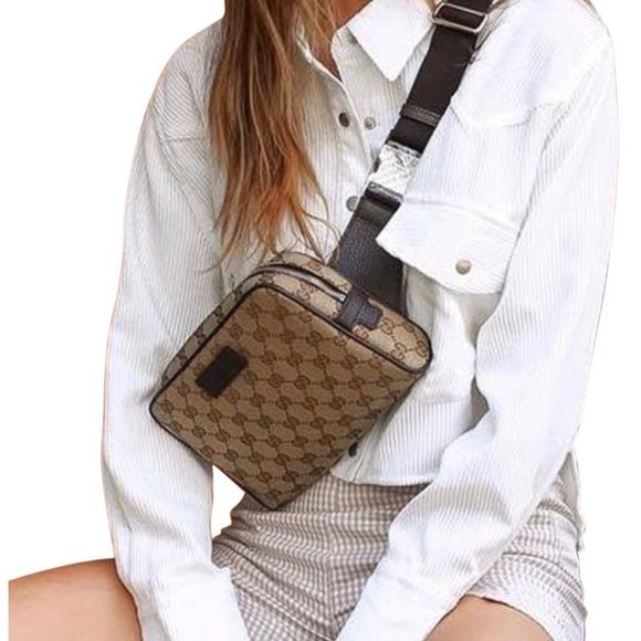 GUCCI Waist Belt Bag  GG Canvas Leather Beige Dark brown Unisex NWT Auth - Picture 1 of 7